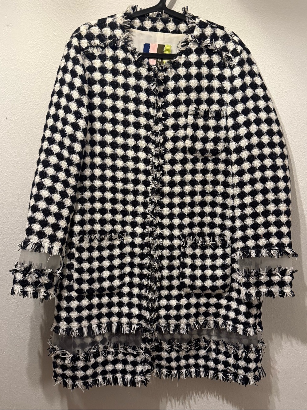 MSGM Tweed Sheer Panel Frayed Overcoat Size 46